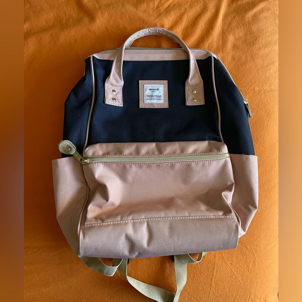 Pink and blue commuter backpack
